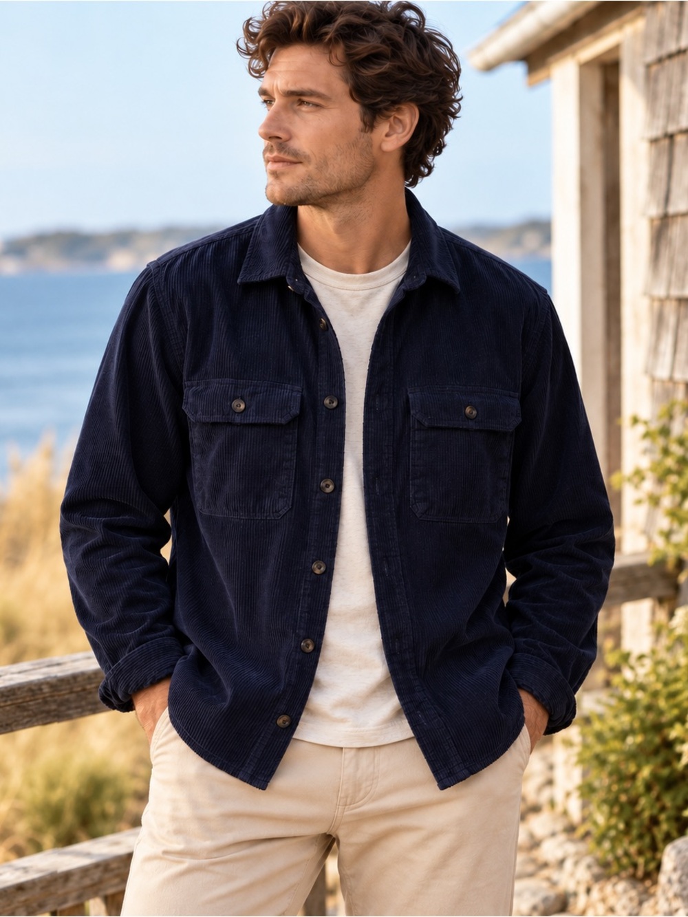 Gap Corduroy Shirt Jacket Shacket Men Large Navy Blue Button Up Chore Workwear